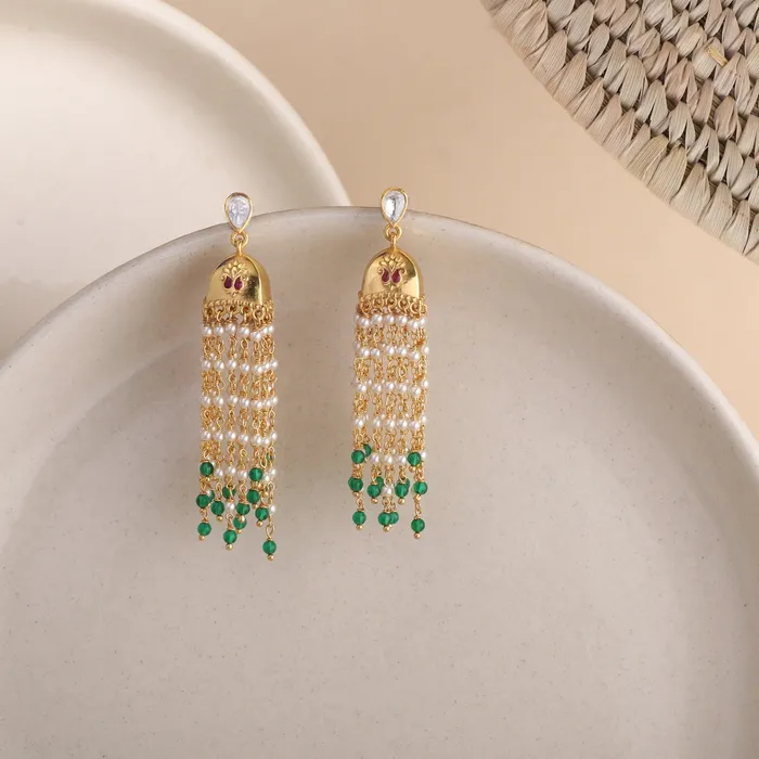 Necklaces SILVER Paisley Gold Plated Pearl chain and Moissanite Jhumka