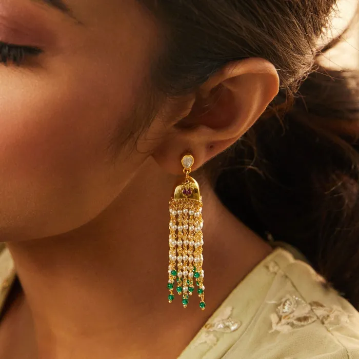 Necklaces SILVER Paisley Gold Plated Pearl chain and Moissanite Jhumka