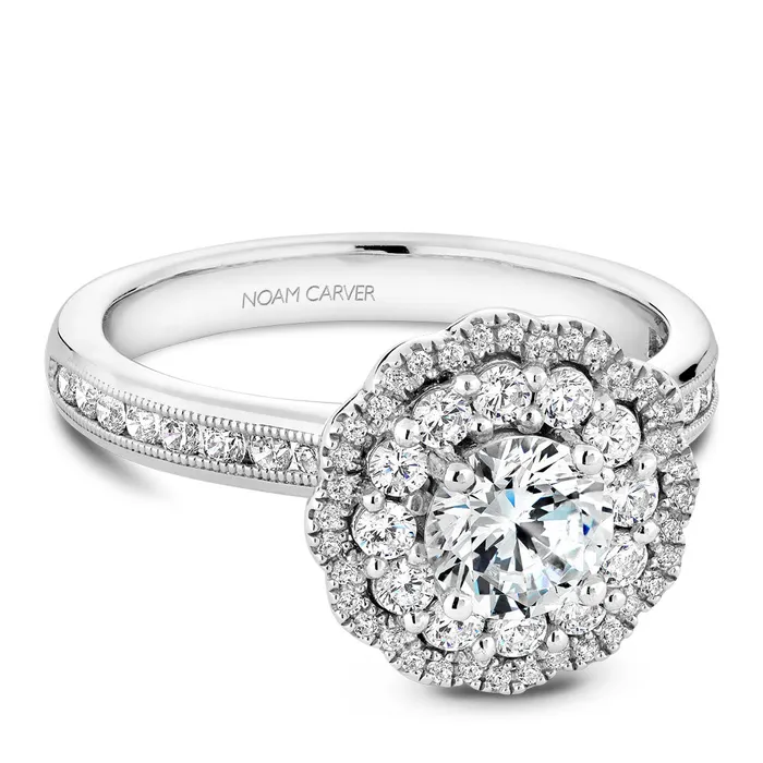 Noam Carver White Gold Floral Double Halo Engagement Ring Setting 081 CTW International Diamond Center Rings