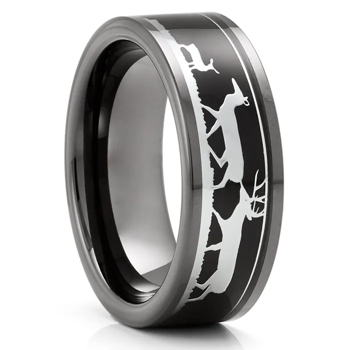 Outdoorsman Ring Deer Hunter Tungsten Ring Gunmetal Wedding Ring Tungsten Ring Clean Casting Jewelry Rings