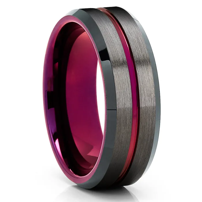Purple Tungsten Ring Purple Wedding Ring Gunmetal Tungsten Ring Brush Clean Casting Jewelry Rings