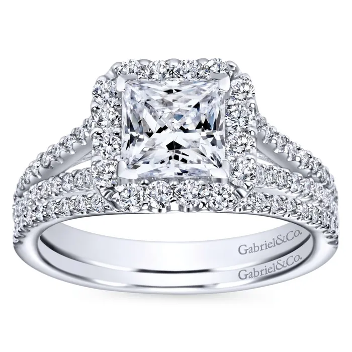 Rings International Diamond Center Gabriel Bridal Collection White Gold Halo and Diamond Accent Split Shank Diamond Engagement Ring 057 ctw Rings International Diamond Center Gabriel Bridal Collection White Gold Halo and Diamond Accent Split Shank Diamond Engagement Ring 057 ctw
