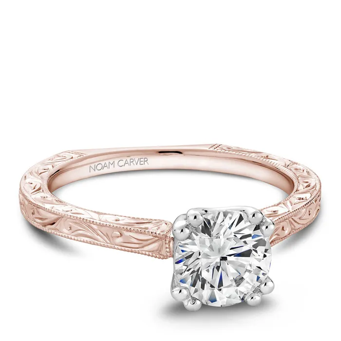 Rings International Diamond Center Noam Carver Rose Gold Carved Shank Engagement Ring Setting with White Gold Crown