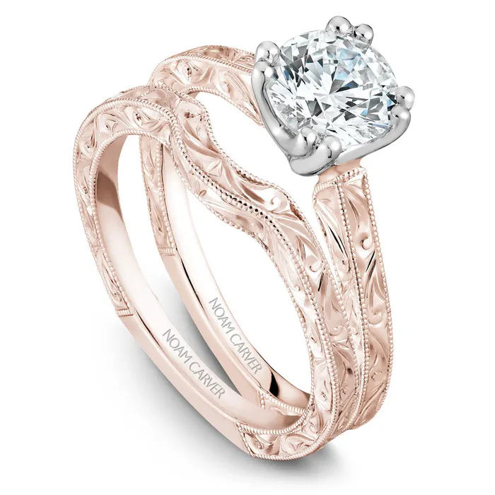 Rings International Diamond Center Noam Carver Rose Gold Carved Shank Engagement Ring Setting with White Gold Crown
