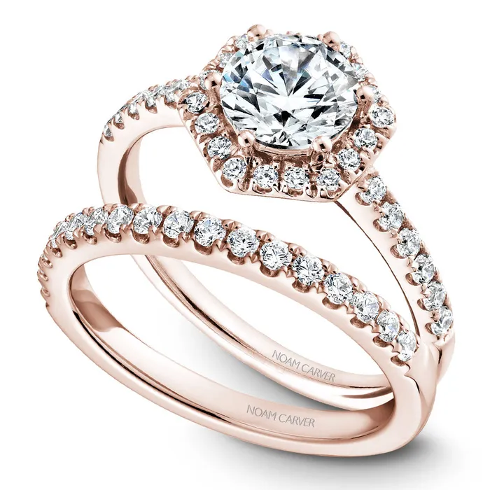 Rings Noam Carver Rose Gold Diamond Engagement Ring Setting with Hexagonal Halo 038 CTW International Diamond Center