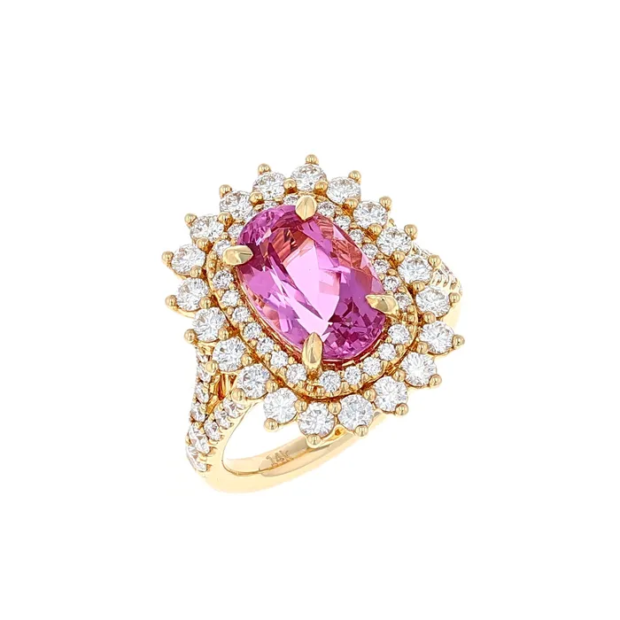 Rings Shop IDC estore Vlora 14K Yellow Gold Pink Tourmaline Double Halo Diamond Ring 571CTW