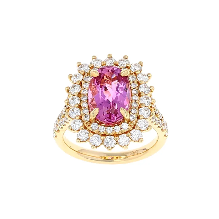 Rings Shop IDC estore Vlora 14K Yellow Gold Pink Tourmaline Double Halo Diamond Ring 571CTW
