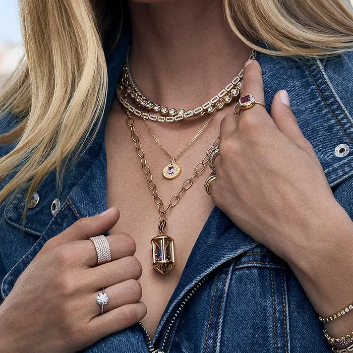 SG Fine Necklaces Gold and Half Pave Rectangular Link Necklace