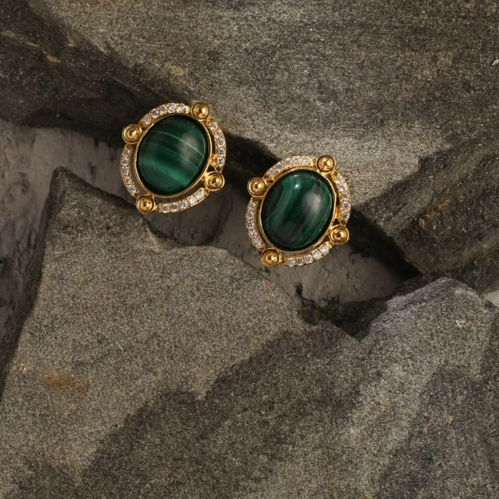 SILVER Earrings Malachite Oval Silver Stud Earrings