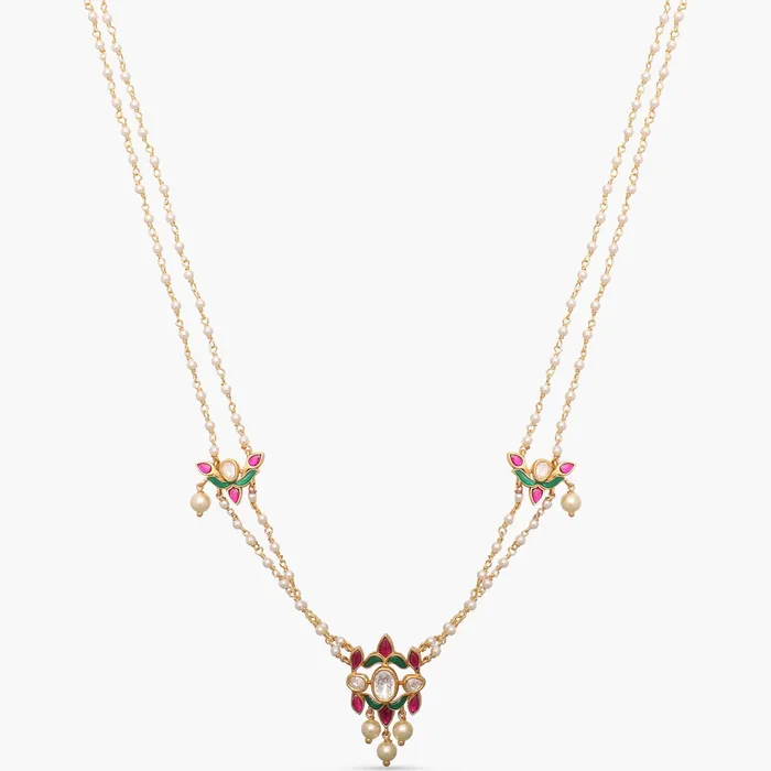 SILVER Necklaces Malini Gold Plated Jadau and Pearl Chain Short Necklace SILVER Necklaces Malini Gold Plated Jadau and Pearl Chain Short Necklace
