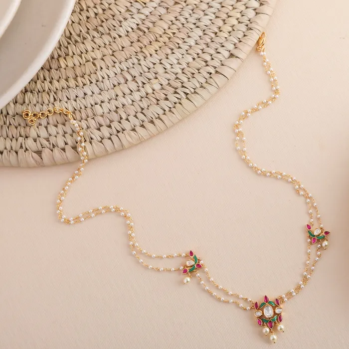 SILVER Necklaces Malini Gold Plated Jadau and Pearl Chain Short Necklace