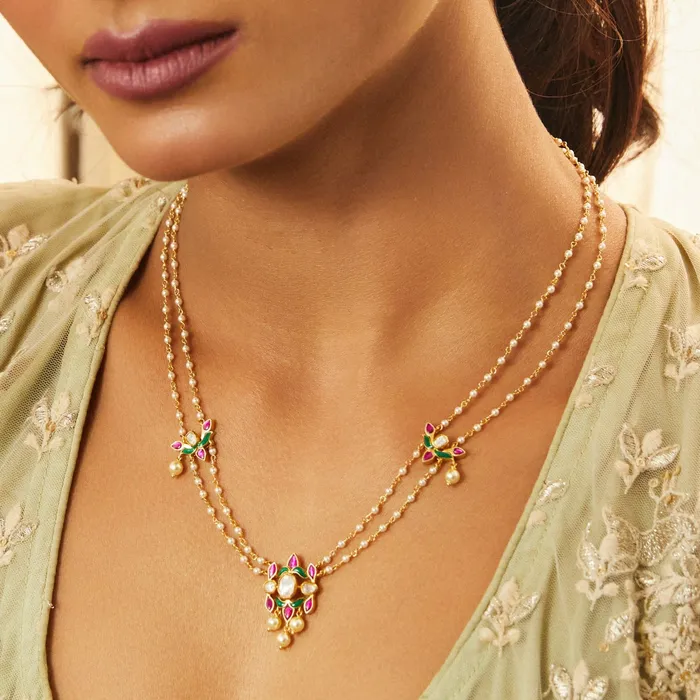 SILVER Necklaces Malini Gold Plated Jadau and Pearl Chain Short Necklace