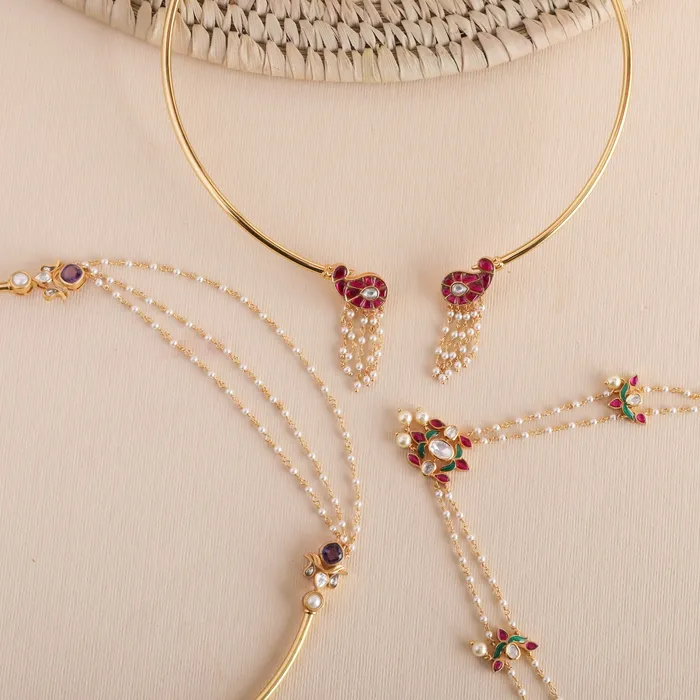 SILVER Necklaces Malini Gold Plated Jadau and Pearl Chain Short Necklace