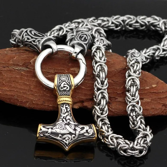 Valhalla Vikings Necklaces Braided King Chain With Runes And Gold Trimmed Mjolnir Pendant Valhalla Vikings Necklaces Braided King Chain With Runes And Gold Trimmed Mjolnir Pendant