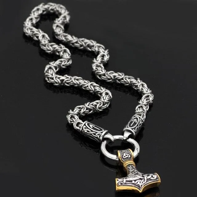 Valhalla Vikings Necklaces Braided King Chain With Runes And Gold Trimmed Mjolnir Pendant