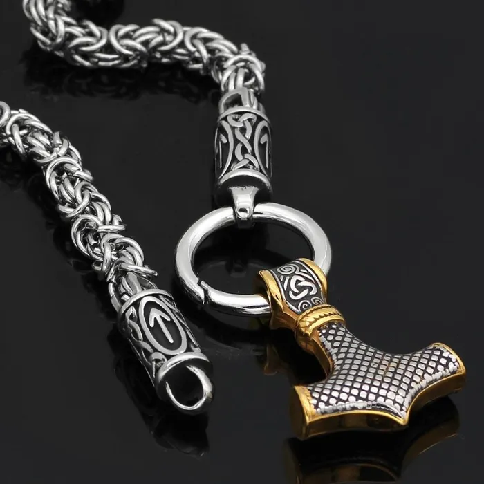 Valhalla Vikings Necklaces Braided King Chain With Runes And Gold Trimmed Mjolnir Pendant