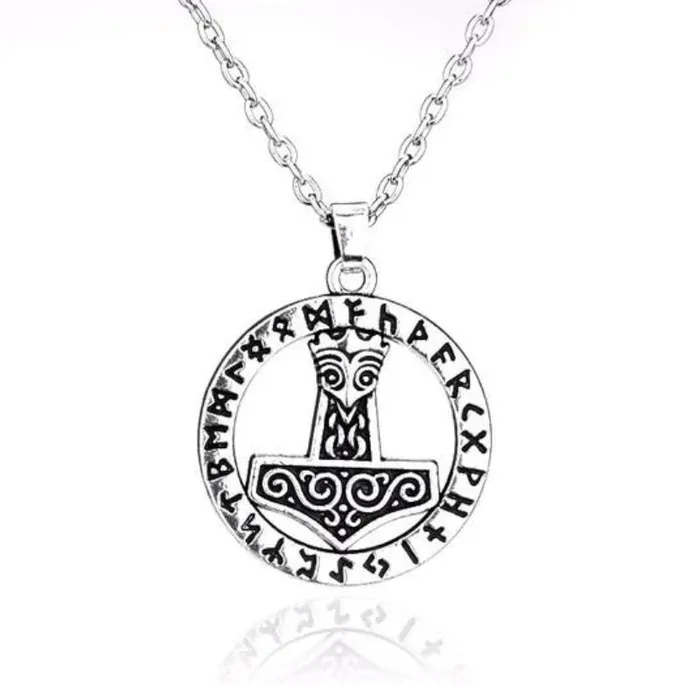Valhalla Vikings Necklaces Thor Hammer Necklace Runes Circle Silver