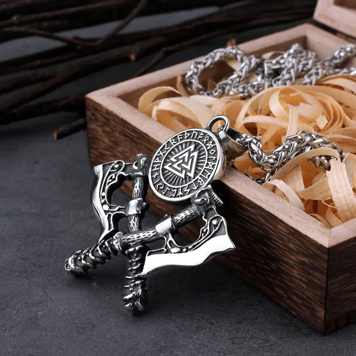 Valknut Necklace with Double Axe And Nordic Rune Valhalla Vikings Necklaces Valknut Necklace with Double Axe And Nordic Rune Valhalla Vikings Necklaces