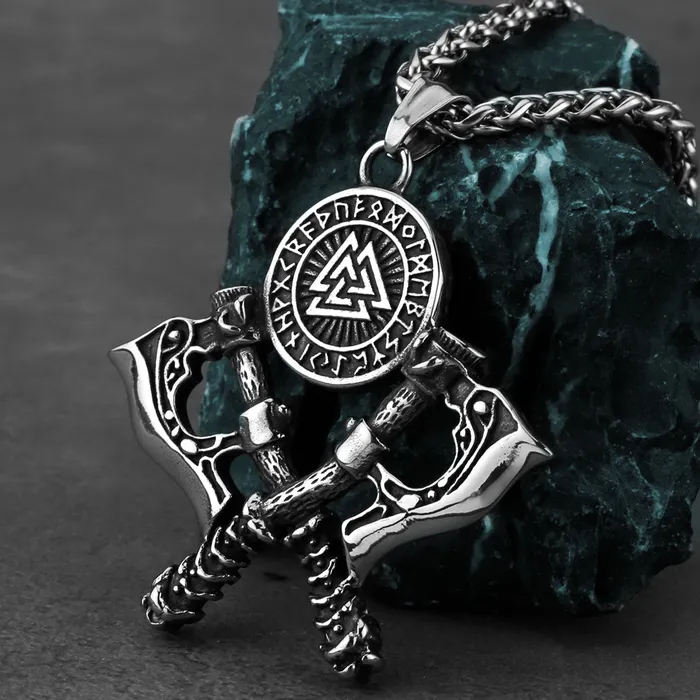 Valknut Necklace with Double Axe And Nordic Rune Valhalla Vikings Necklaces