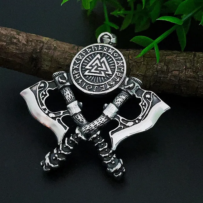 Valknut Necklace with Double Axe And Nordic Rune Valhalla Vikings Necklaces