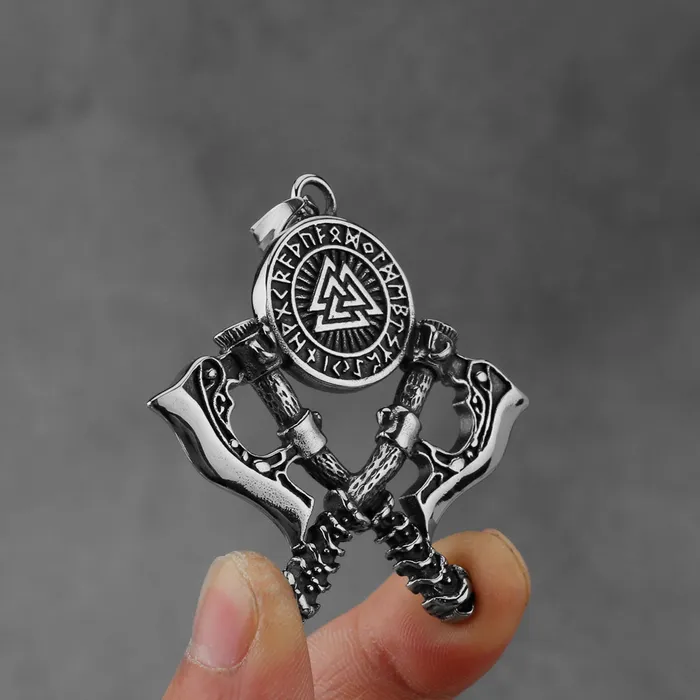 Valknut Necklace with Double Axe And Nordic Rune Valhalla Vikings Necklaces