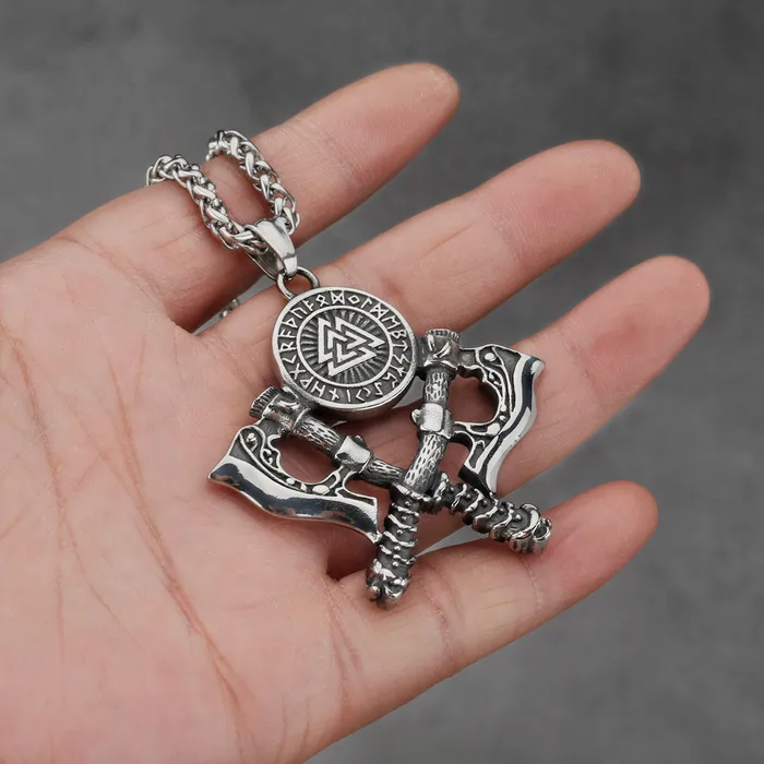 Valknut Necklace with Double Axe And Nordic Rune Valhalla Vikings Necklaces