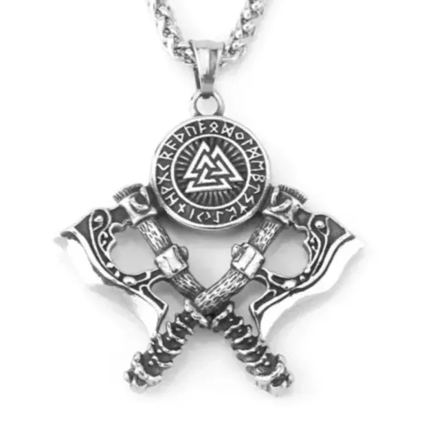 Valknut Necklace with Double Axe And Nordic Rune Valhalla Vikings Necklaces