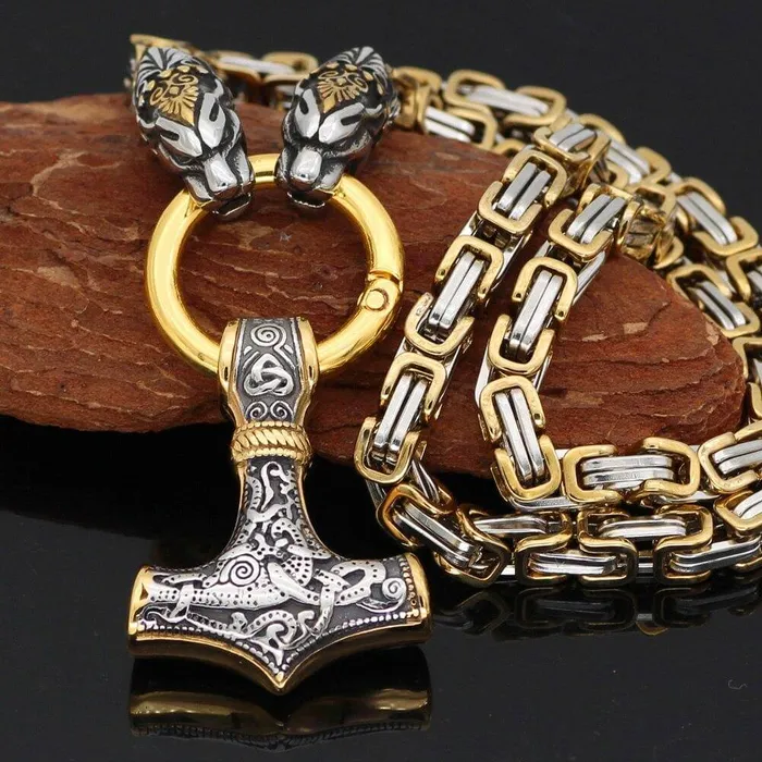 VikingStore Necklaces Gold Trimmed King Chain With Twin Tiger Heads Mjolnir Pendant VikingStore Necklaces Gold Trimmed King Chain With Twin Tiger Heads Mjolnir Pendant