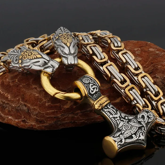 VikingStore Necklaces Gold Trimmed King Chain With Twin Tiger Heads Mjolnir Pendant