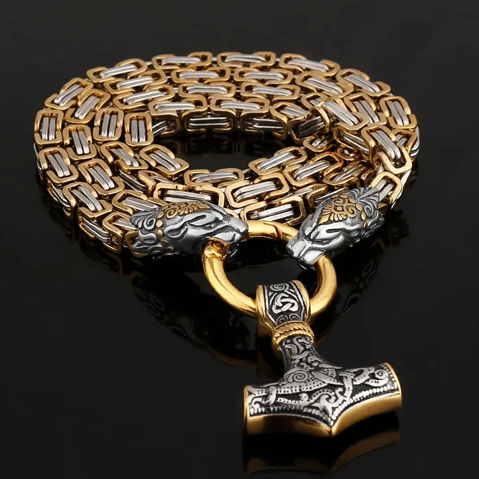 VikingStore Necklaces Gold Trimmed King Chain With Twin Tiger Heads Mjolnir Pendant