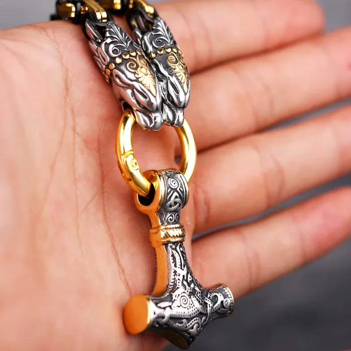 VikingStore Necklaces Gold Trimmed King Chain With Twin Tiger Heads Mjolnir Pendant