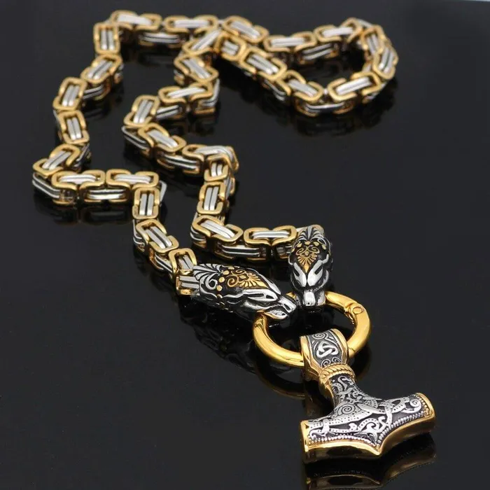 VikingStore Necklaces Gold Trimmed King Chain With Twin Tiger Heads Mjolnir Pendant