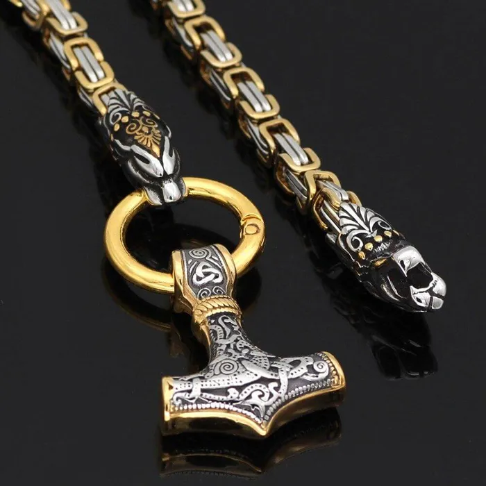 VikingStore Necklaces Gold Trimmed King Chain With Twin Tiger Heads Mjolnir Pendant