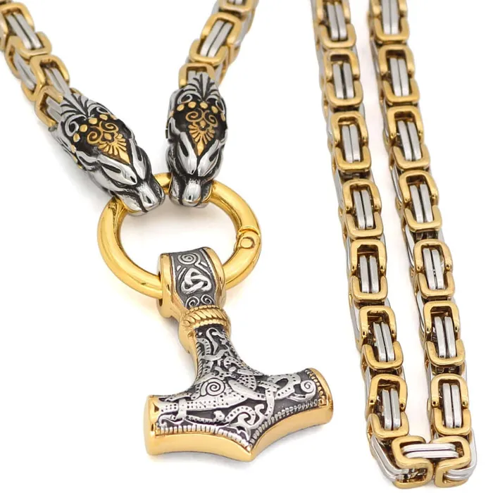 VikingStore Necklaces Gold Trimmed King Chain With Twin Tiger Heads Mjolnir Pendant