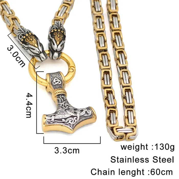 VikingStore Necklaces Gold Trimmed King Chain With Twin Tiger Heads Mjolnir Pendant