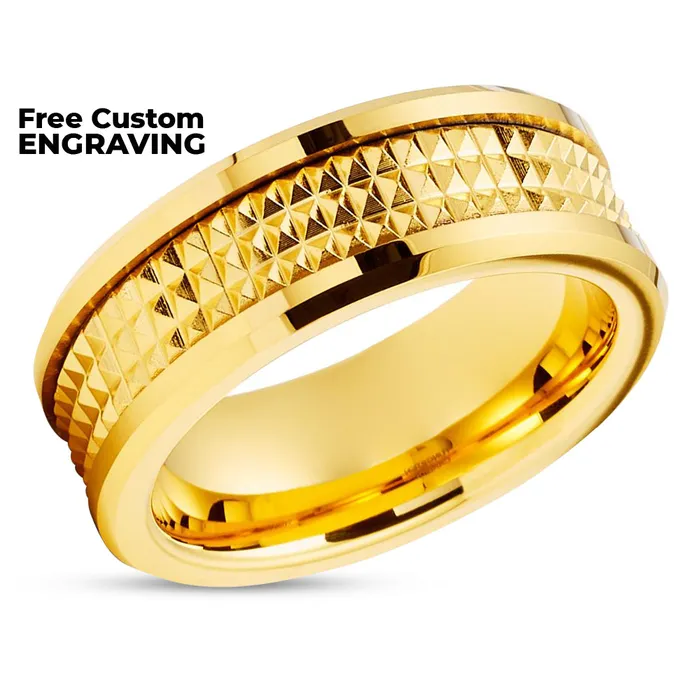 Yellow Gold Tungsten Wedding Ring 8mm Yellow Gold Ring Spike Design Unique Ring Clean Casting Jewelry Rings